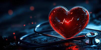 Visual representation of heart health with a stethoscope and heartbeat pattern in a dark atmosphere photo