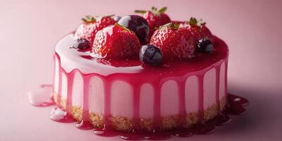 Delicious cheesecake topped with fresh strawberries and blueberries on a pink background photo