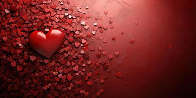 Heart and small red hearts scattered on a textured surface provide a romantic backdrop for various occasions photo