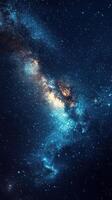 Stunning view of a galaxy with bright stars and glowing nebulas captured in clear night sky photo
