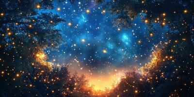 Starlit forest at twilight with glowing lights and a magical atmosphere photo