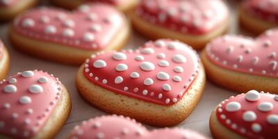 Colorful heart-shaped cookies decorated with icing on a wooden surface during a baking session photo