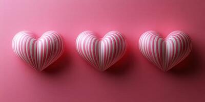 Decorative pink and white striped hearts arranged on a soft pink background for a romantic display photo