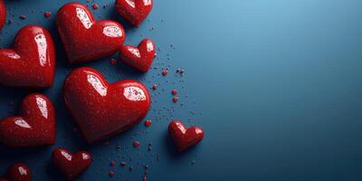 Colorful red hearts scattered on a blue background creating a festive and romantic atmosphere photo