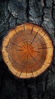 Tree stump with intricate grain patterns showcasing nature's beauty and the passage of time in a forest setting photo