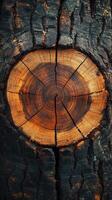 Close-up view of a tree stump showing intricate wood grain patterns and growth rings from an old tree photo