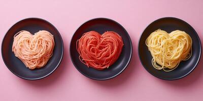 Unique heart-shaped pasta served in colorful plates for a charming dining experience photo