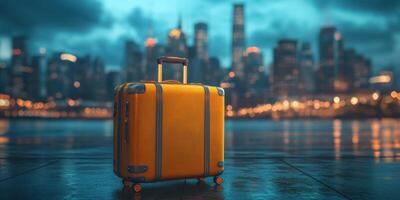 Bright yellow suitcase stands alone at twilight with city skyline in background photo