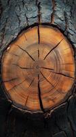 Detailed view of a cross section of a tree trunk showing growth rings and texture in natural lighting photo