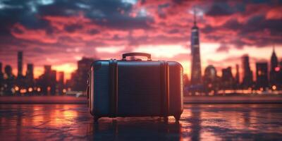 Sunset view of a suitcase against a vibrant city skyline with one world trade center in the background photo