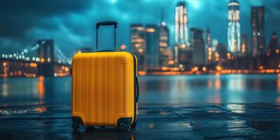 Travel suitcase by the waterfront at night with city skyline in the background photo