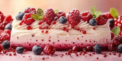 Delicious dessert featuring creamy raspberry cake with fresh berries and mint leaves on display photo