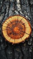 Wooden tree stump showing intricate growth rings and textures, highlighting the rich colors of nature's design photo