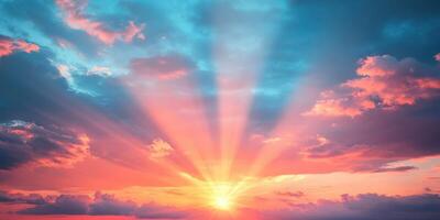 Beautiful sunrise over a tranquil horizon with colorful clouds dispersing light in the early morning photo