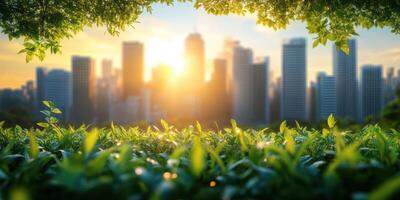Sunrise over the skyline with green foliage in the foreground and a vibrant cityscape in the background photo