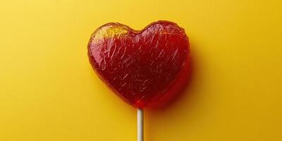 Heart-shaped lollipop stands out against vibrant yellow background, perfect for sweet celebrations and gatherings photo