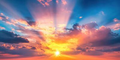 Bright sunset casts colorful hues across the sky with beams of light radiating over the horizon during evening hours photo