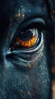 Close-up view of a horse's eye revealing intricate patterns and vibrant colors in natural light photo