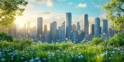 Urban skyline at sunrise with vibrant greenery in the foreground showcasing nature's beauty photo