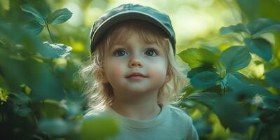 Child explores vibrant greenery with curiosity during sunny afternoon in a garden setting photo