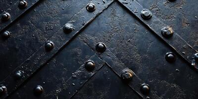 Detailed view of a textured metal surface with rivets and a diagonal pattern illuminated by soft light photo