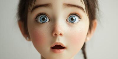 Realistic digital portrait of a surprised young girl with big blue eyes and a neutral expression in a minimalist setting photo