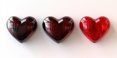 Heart-shaped decorative items display various shades of red and black in an elegant arrangement on a light surface photo