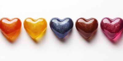 Colorful heart-shaped candies arranged in a row on a white surface showcasing various flavors and textures photo