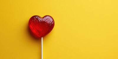 Heart-shaped lollipop on vibrant yellow background with minimalist design and bright colors photo