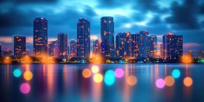 City skyline shimmering at dusk with vibrant lights reflecting on water photo