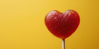 Red heart-shaped lollipop stands against a vibrant yellow background in a cheerful display of sweetness photo