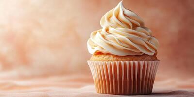 Delightful cupcake with swirls of vanilla frosting against a soft background showcasing its delicious texture and inviting appearance photo