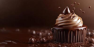 Indulgent chocolate cupcake with creamy frosting surrounded by chocolate drizzle and cocoa crumbs at a dessert showcase photo