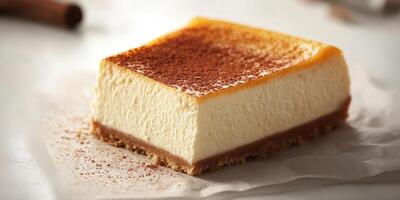 Delicious slice of creamy cheesecake garnished with cocoa powder on a light background near baking utensils photo