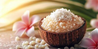 Delicious dessert served in a coconut shell with coconut flakes and tropical flowers in a tranquil setting photo