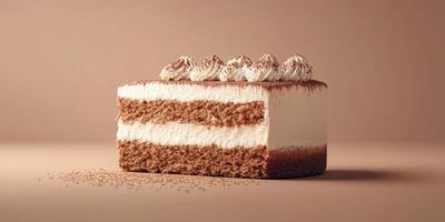 Delicious chocolate mousse cake with layers of cream and cocoa on a neutral background photo