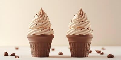 Delicious chocolate swirl ice cream cones on a smooth background with mini chocolate chips photo