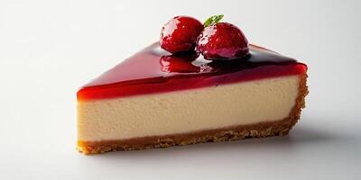 Delicious slice of cheesecake topped with fresh strawberries and glossy red glaze on a plain background photo