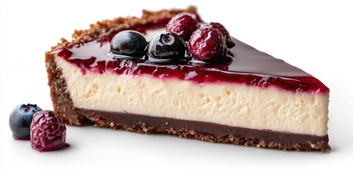 Delicious berry cheesecake slice with a chocolate layer and graham cracker crust on a white background photo