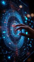 Interaction with a digital holographic interface showcasing complex data visualizations and futuristic technology photo