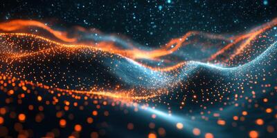 Vibrant abstract waves of orange and blue light flowing through a digital landscape in an artistic representation of energy and motion photo