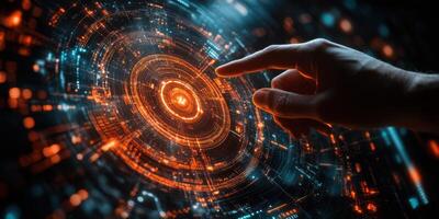 Exploration of a digital interface with hand interaction in a futuristic environment photo
