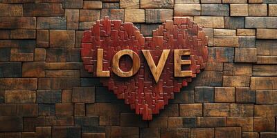 Wooden puzzle heart with the word love highlighted against a textured wooden background photo