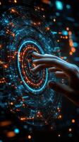 Advanced technology interface depicts a hand interacting with glowing patterns at night photo
