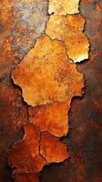 Abstract textured surface with cracks and rust in warm tones displayed on a metallic backdrop photo