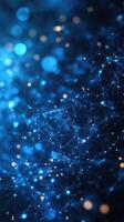 Abstract representation of glowing blue and orange particles interconnected in a digital network structure photo