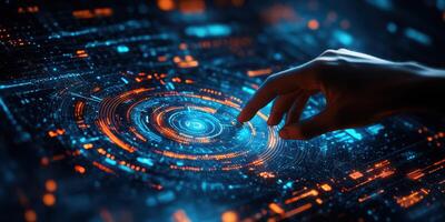 Futuristic hand interacting with a glowing digital interface showcasing data visualization and technology enhancements photo
