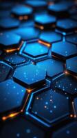 Intricate blue and black hexagonal pattern illuminated by glowing orange accents and speckles of light photo