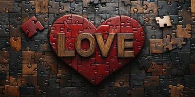 Heart made of puzzle pieces with the word love in wooden letters surrounded by various puzzle pieces photo