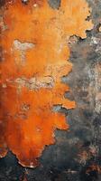 Textured wall with peeling paint in shades of orange and black revealing layers of age and decay photo